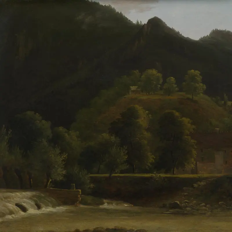 Buildings by a Weir in a Mountainous Valley