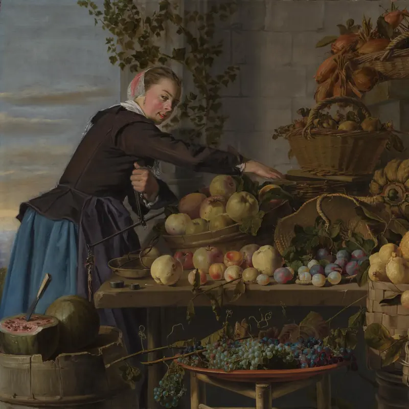 Young Woman with a Display of Fruit and Vegetables